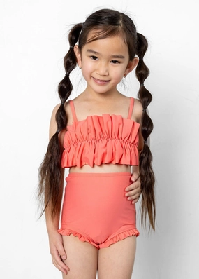 Deep Coral | Mini Oversized Ruffle Top girls full coverage swimwear, kids swimwear for pool
