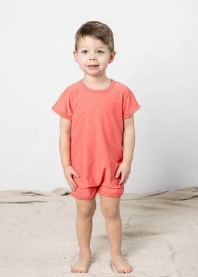 Deep Coral | Mini Shorties Rashguard (Unisex) girls full coverage swimwear, kids swimwear for pool