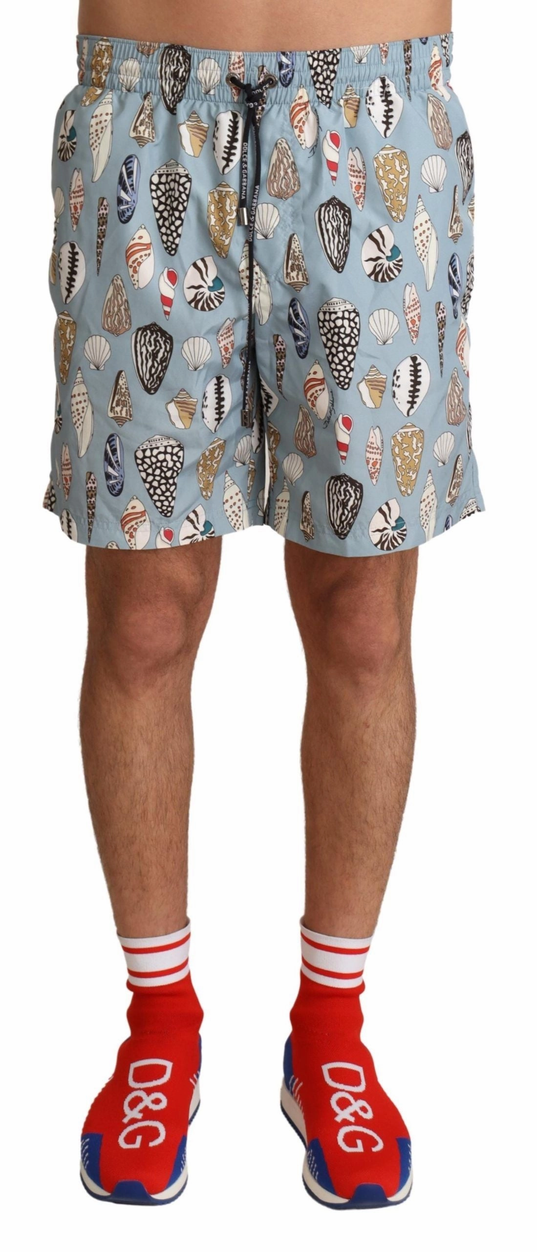 Dolce & Gabbana Elegant Seashell Print Swim Men's Trunks mens full coverage swimwear, stylish mens swim trunks