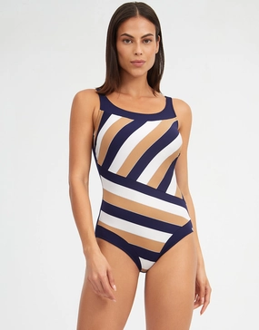 Doris High Front Swimsuit - Stripe mastectomy swimsuits for women, post surgery swimwear