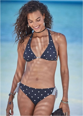 Dot Tie Side Moderate Bottom - Striped Polka-Dot swimwear with tummy control, elegant swimsuits for women