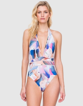 Dusk to Dawn Deep Plunge Halter Swimsuit - Multi pool-ready swimwear for women, trendy swimwear collection
