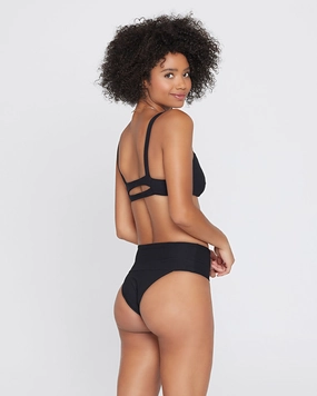 Eco Chic Repreve Desi Bikini Bottom - Black ruched bikini bottoms, hipster swimwear bottoms