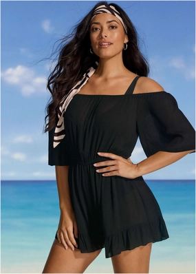 Flirty Cover-Up Romper - Black plain swimwear women, minimalist swimsuits