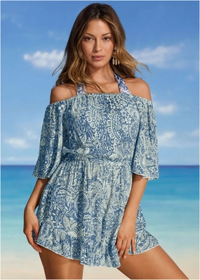 Flirty Cover-Up Romper - Denim Anglaise Paisley everyday swimwear for women, casual swim outfits ladies