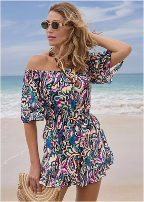 Flirty Cover-Up Romper - Fuzzy Paisley womens sun protection swimwear, trendy swimwear collection