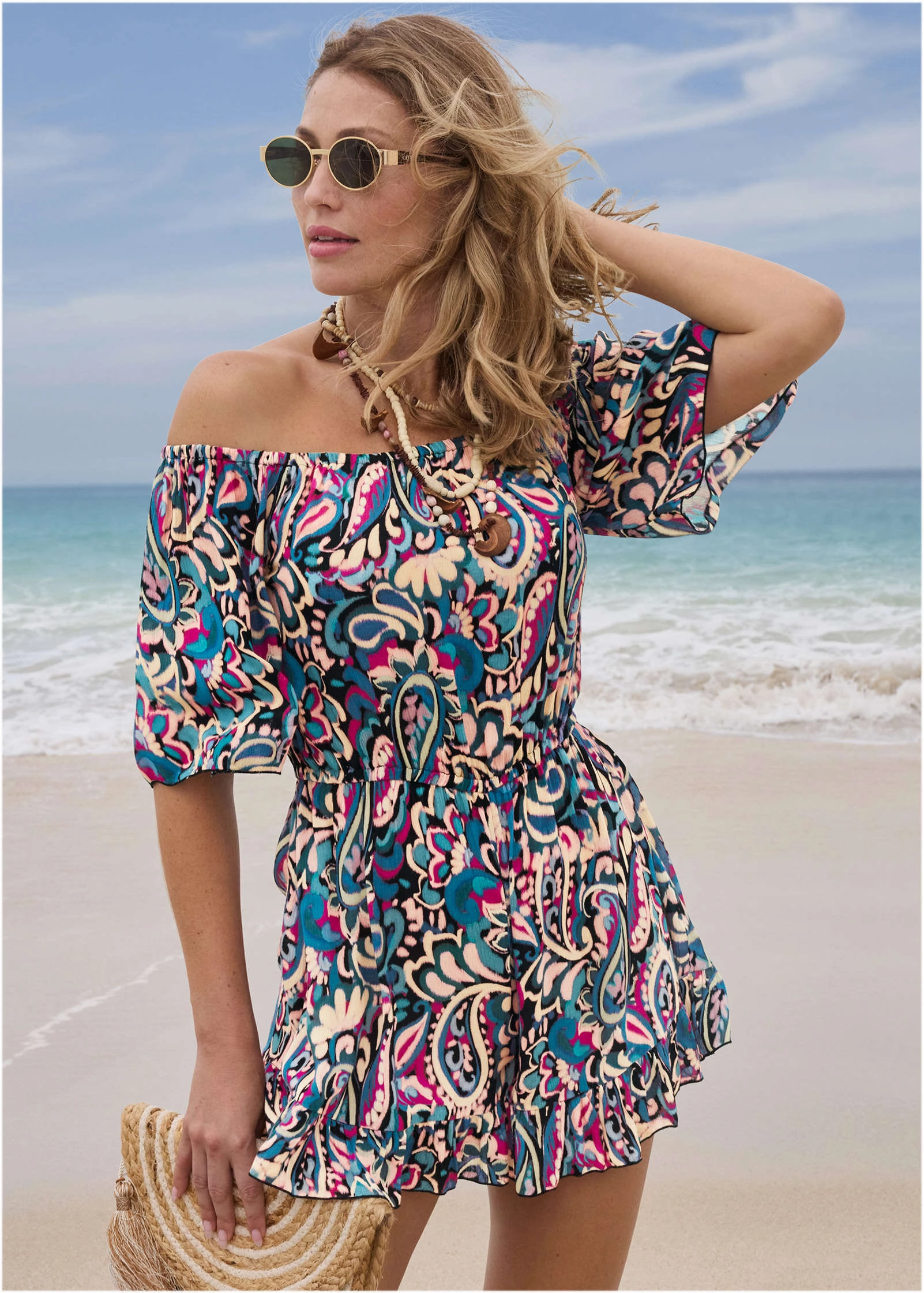 Flirty Cover-Up Romper - Fuzzy Paisley womens sun protection swimwear, trendy swimwear collection