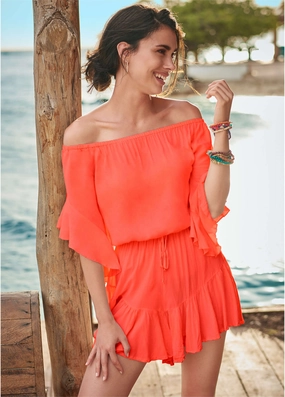 Flirty Romper Cover-Up - Coral Bright swimwear for all body types, comfortable womens beachwear