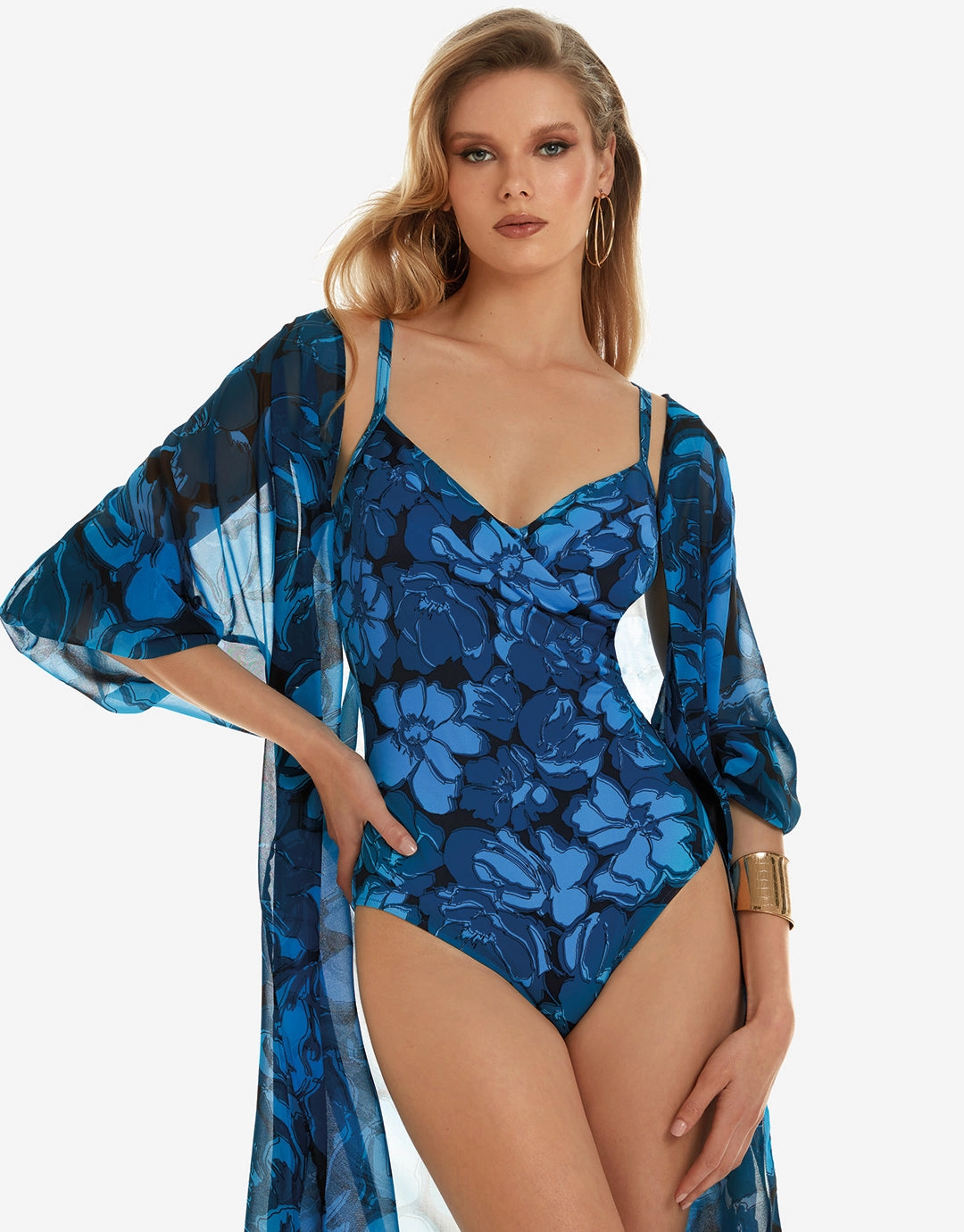 Floreale Underwired Wrap Swimsuit - Blue womens resort swimwear, flattering one-piece swimsuits