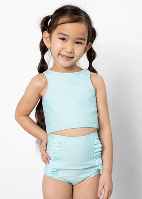 Fresh Mint | Mini Down in Front Ruffle Bottoms girls full coverage swimwear, kids swimwear for pool