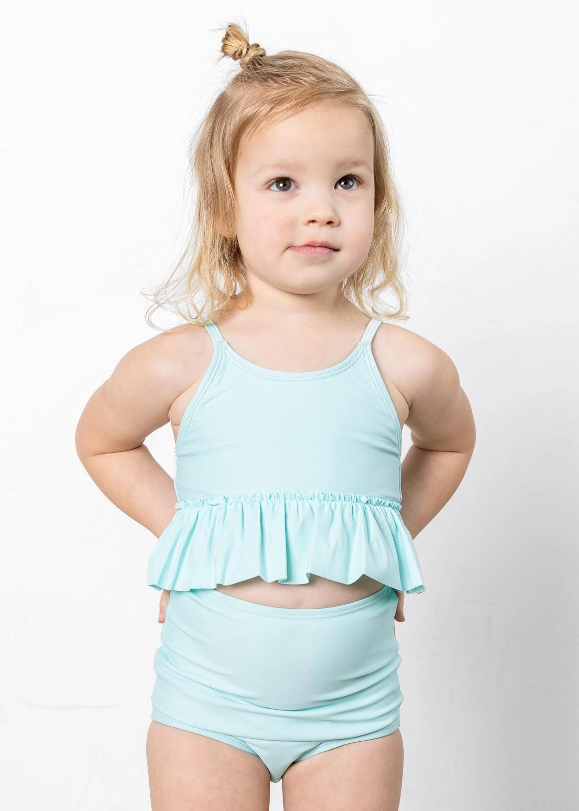 Fresh Mint | Mini Peplum Top girls full coverage swimwear, kids swimwear for pool