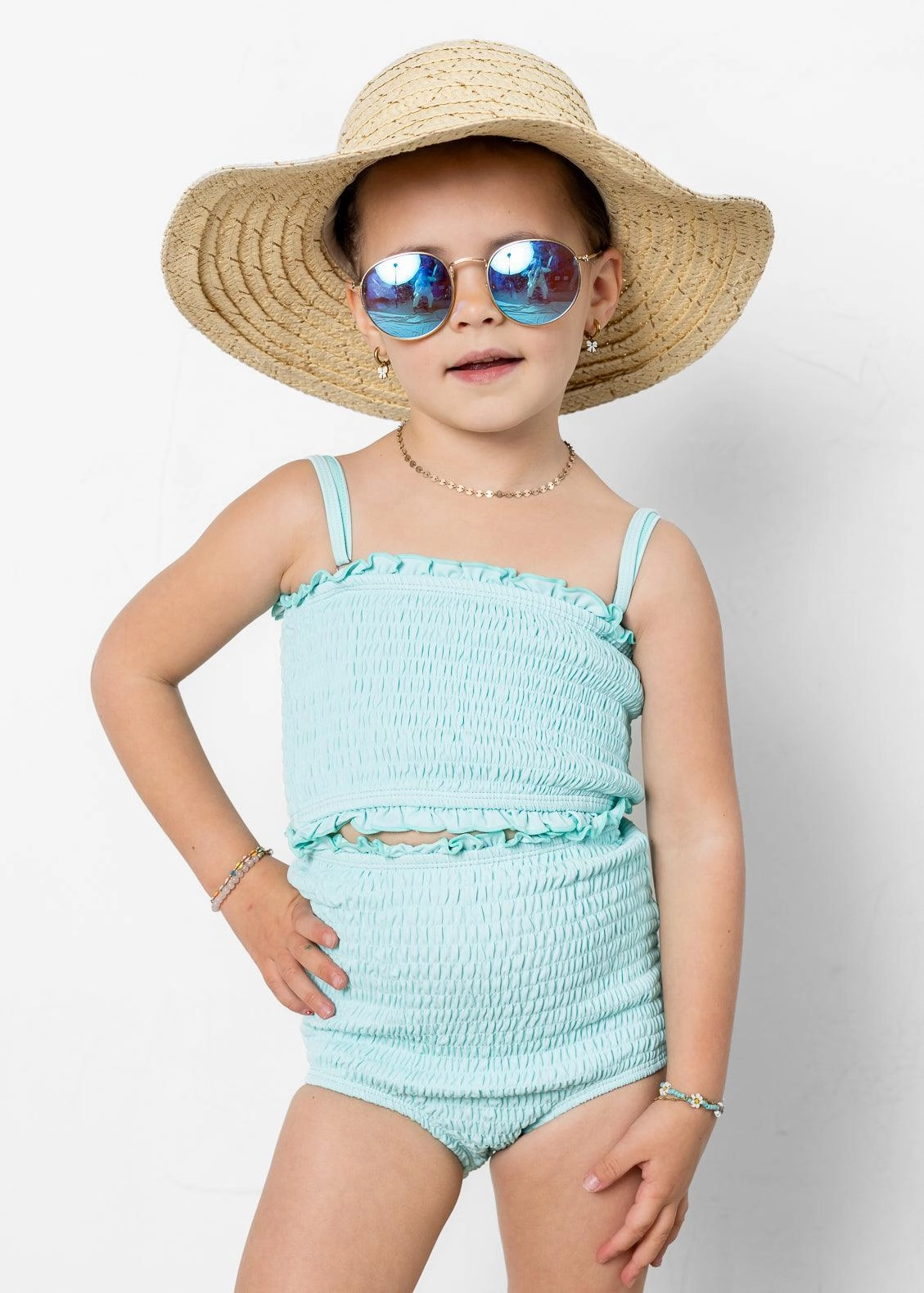Fresh Mint | Mini Smocked Bottoms girls full coverage swimwear, kids swimwear for pool