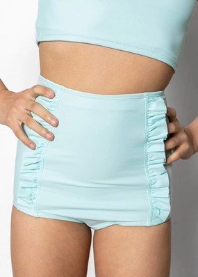 Fresh Mint | Youth Down in Front Ruffle Bottoms girls full coverage swimwear, kids swimwear for pool