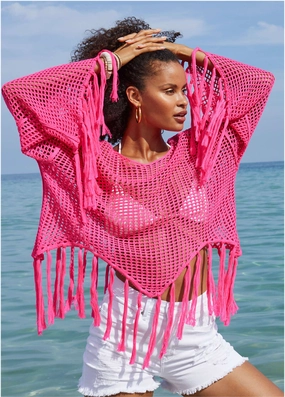 Fringe Crochet Cover-Up - Hot Pink swimwear for all body types, comfortable womens beachwear