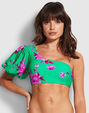 Full Bloom One Shoulder Bikini Top - Jade stylish swimwear tops, womens beach tops