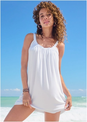 Gathered Neckline Dress - White swimwear for all body types, comfortable womens beachwear