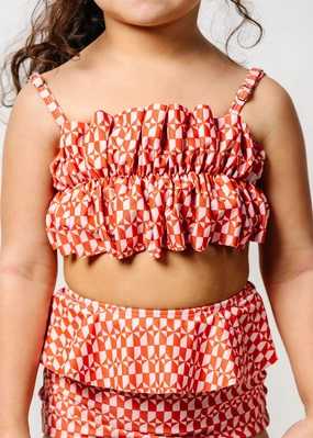 Geometric | Mini Oversized Ruffle Top girls full coverage swimwear, kids swimwear for pool