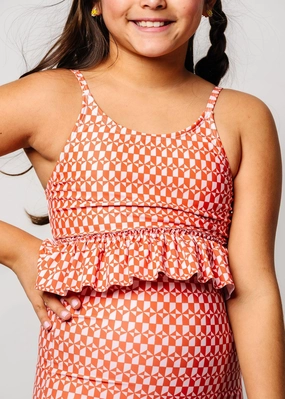 Geometric | Youth Peplum Top girls full coverage swimwear, kids swimwear for pool