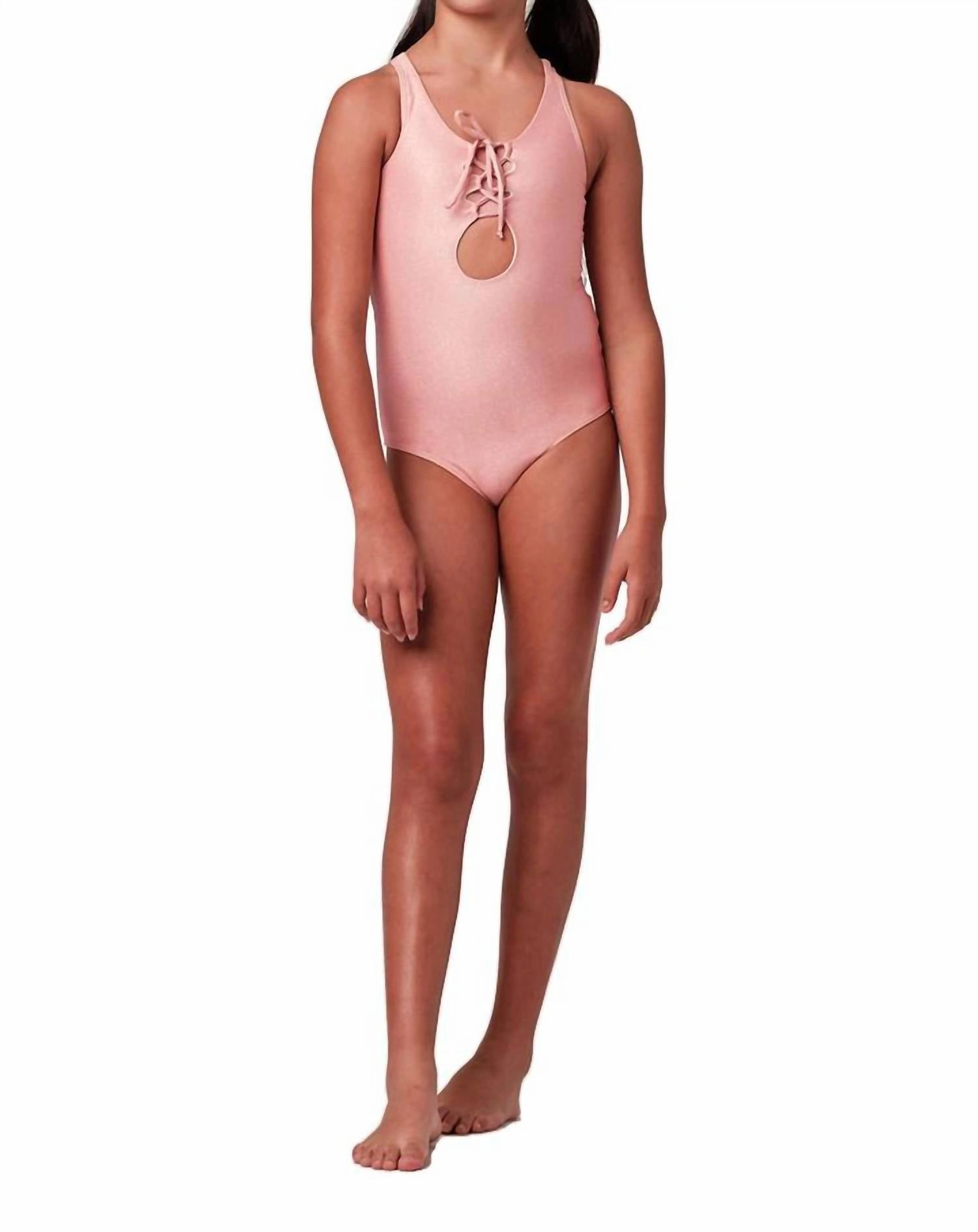 Girl's Sleek Glitter One Piece Swimsuit In Rose stylish teen girl swimsuits, teen girls swimwear sets