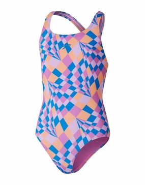 Girls Allover Medalist Swimsuit - Pink/Blue girls swimwear one piece, girls rash guard swim set