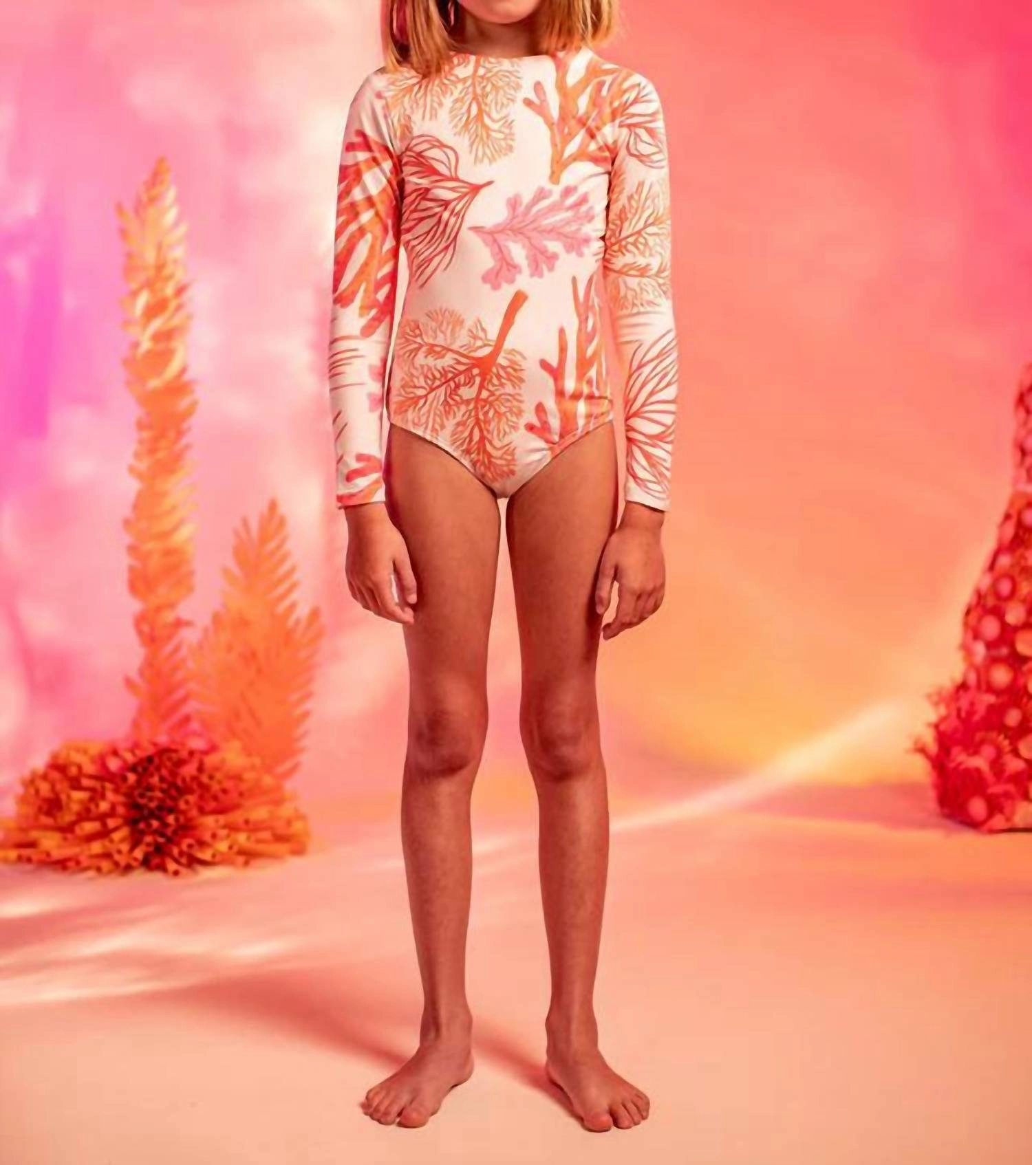 Girls Coral Long Sleeve Swimsuit In Corales Arena