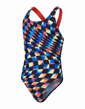 Girls Digital Allover Leaderback Swimsuit - Black/Red girls swimwear one piece, girls rash guard swim set