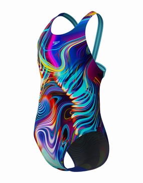 Girls Digital Allover Leaderback Swimsuit - Blue/Multi girls swimwear one piece, girls rash guard swim set