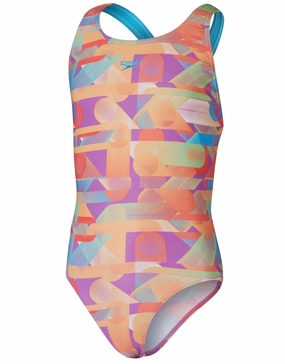 Girls Digital Allover Leaderback Swimsuit - Red/Orange girls swimwear one piece, girls rash guard swim set