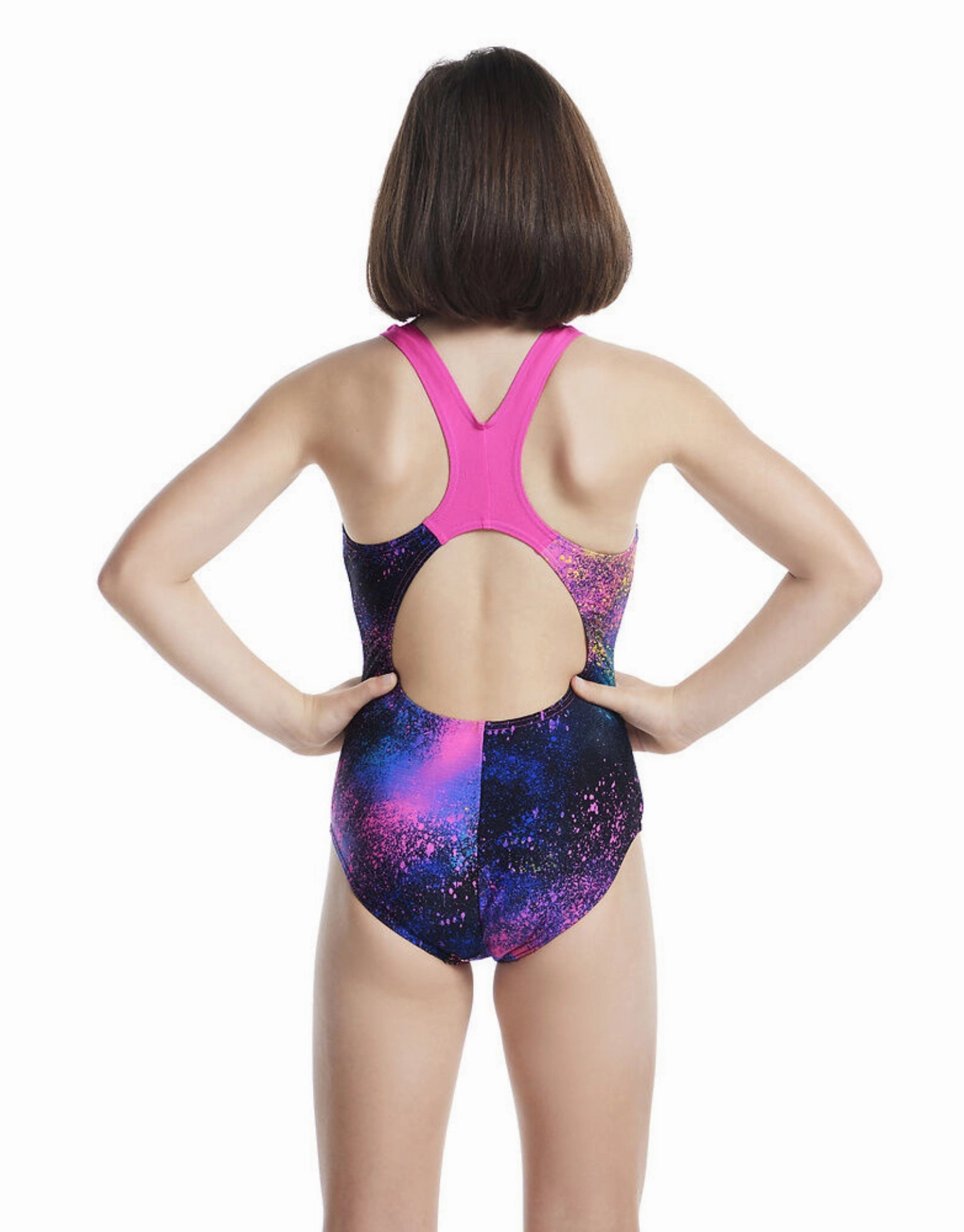 Girls Digital Allover Splashback Swimsuit - Black/Pink