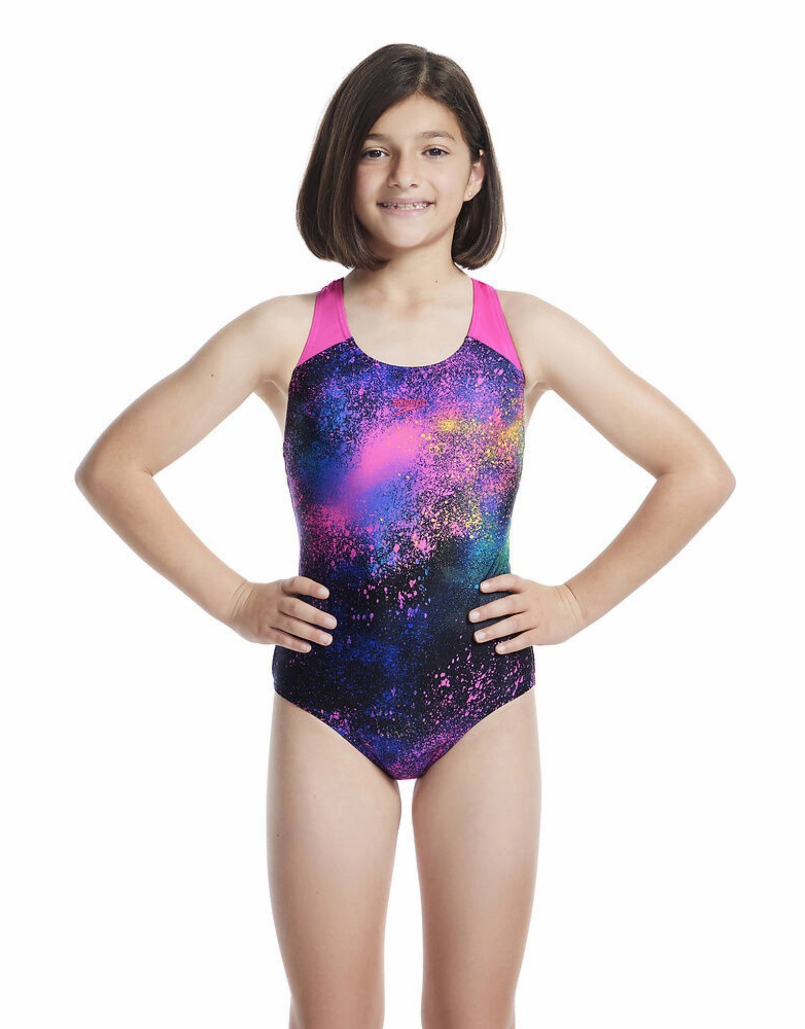 Girls Digital Allover Splashback Swimsuit - Black/Pink girls swimwear one piece, girls rash guard swim set
