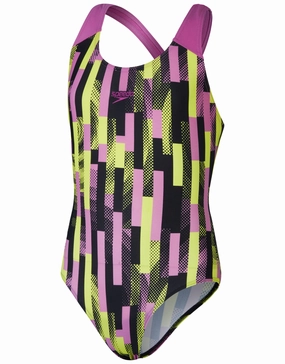 Girls Digital Allover Splashback Swimsuit - Black/Pink/Lemon girls swimwear one piece, girls rash guard swim set