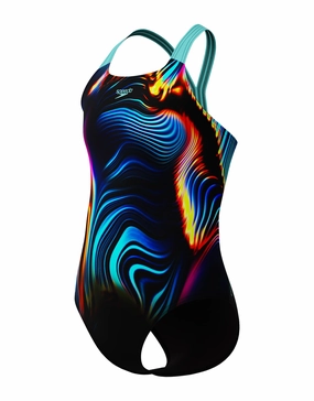 Girls Digital Placement Powerback Swimsuit - Black/Blue girls swimwear one piece, girls rash guard swim set
