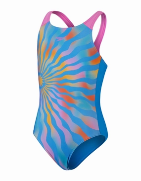 Girls Digital Placement Pulseback Swimsuit - Blue/Yellow girls swimwear one piece, girls rash guard swim set