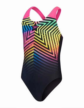 Girls Digital Placement Splashback Swimsuit - Black/Pink girls swimwear one piece, girls rash guard swim set