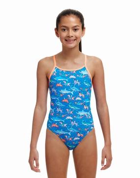 Girls Fin Swimming Diamond Back Swimsuit - Blue/Orange girls swimwear one piece, girls rash guard swim set