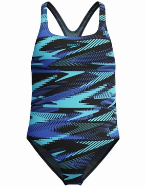 Girls HyberBoom Allover Printed Medalist Swimsuit - Black/Blue girls swimwear one piece, girls rash guard swim set