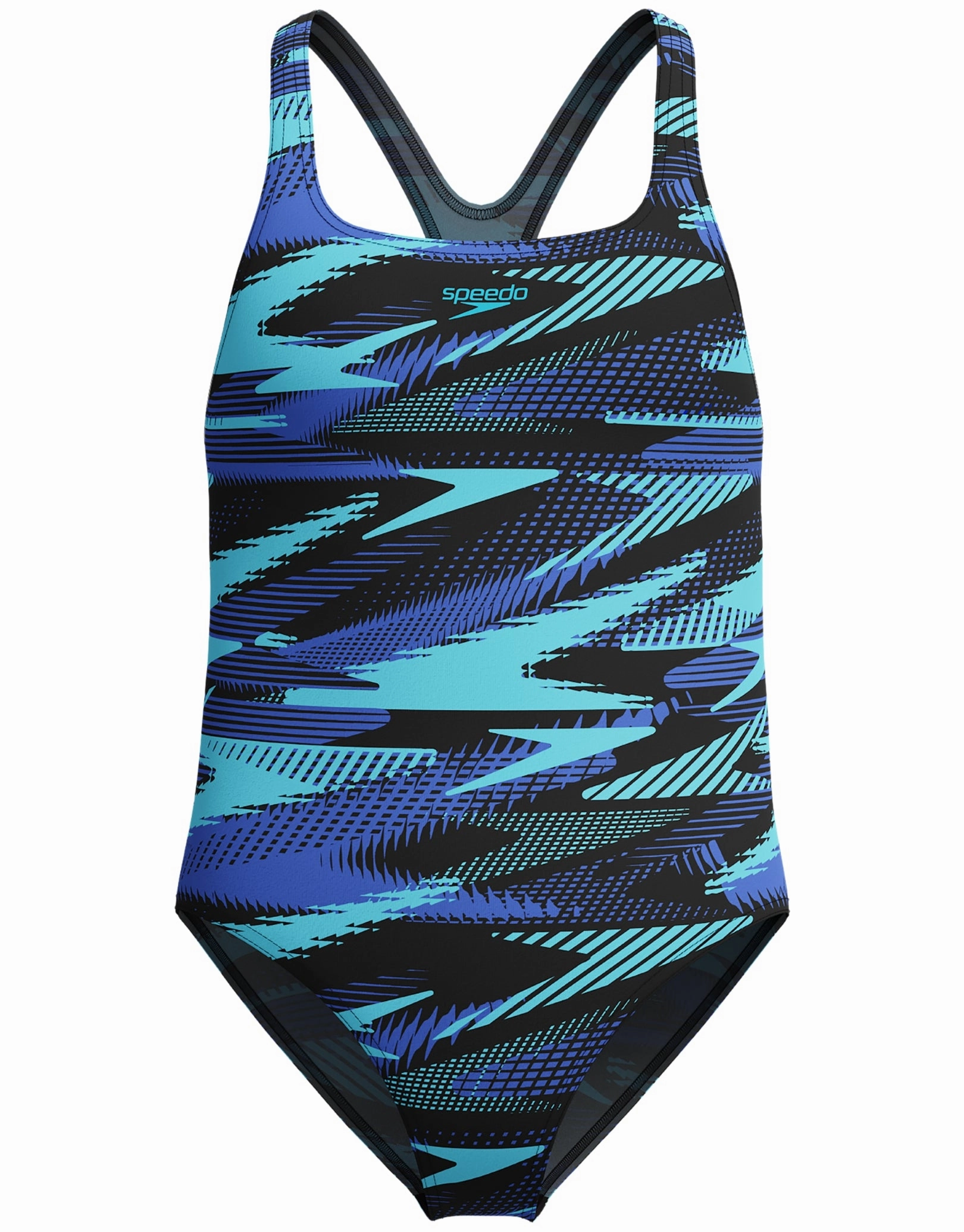 Girls HyberBoom Allover Printed Medalist Swimsuit - Black/Blue girls swimwear one piece, girls rash guard swim set