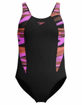 Girls HyberBoom Splice Muscleback Swimsuit - Black/Pink girls swimwear one piece, girls rash guard swim set