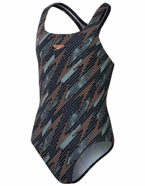 Girls Hyperboom Allover Medalist Swimsuit - Black/Green girls swimwear one piece, girls rash guard swim set