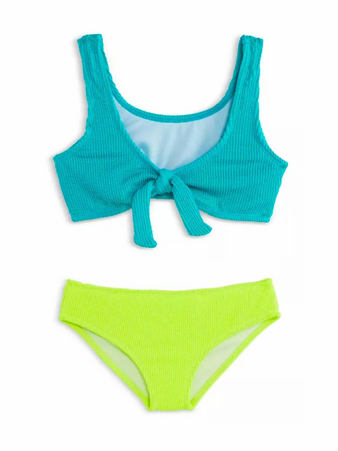 Girls Izy Crinkle Tie Set Front Bikini Swimsuit In Turquoise Lime