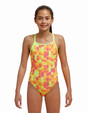 Girls Little Dotty Diamond Back Swimsuit - Yellow/Pink girls swimwear one piece, girls rash guard swim set