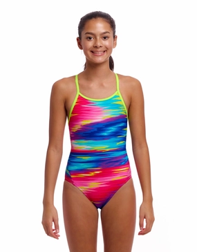 Girls Lost Ocean Diamond Back Swimsuit - Multi girls swimwear one piece, girls rash guard swim set