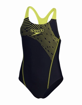 Girls Medley Logo Medalist Swimsuit - Navy/Yellow girls swimwear one piece, girls rash guard swim set