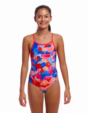 Girls Miss Adventure Diamond Back Swimsuit - Blue/Red girls swimwear one piece, girls rash guard swim set