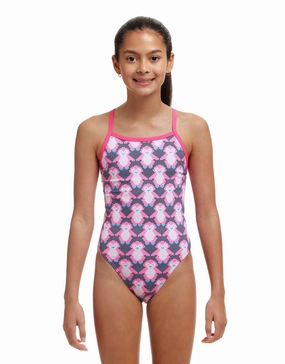 Girls Pen Guy Single Strap Swimsuit - Pink/Black girls swimwear one piece, girls rash guard swim set
