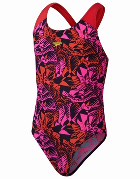 Girls Placement Allover Splashback Swimsuit- Black/Pink girls swimwear one piece, girls rash guard swim set