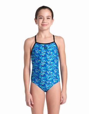 Girls Pooltiles Lightdrop Swimsuit - Black/Blue Multi girls swimwear one piece, girls rash guard swim set