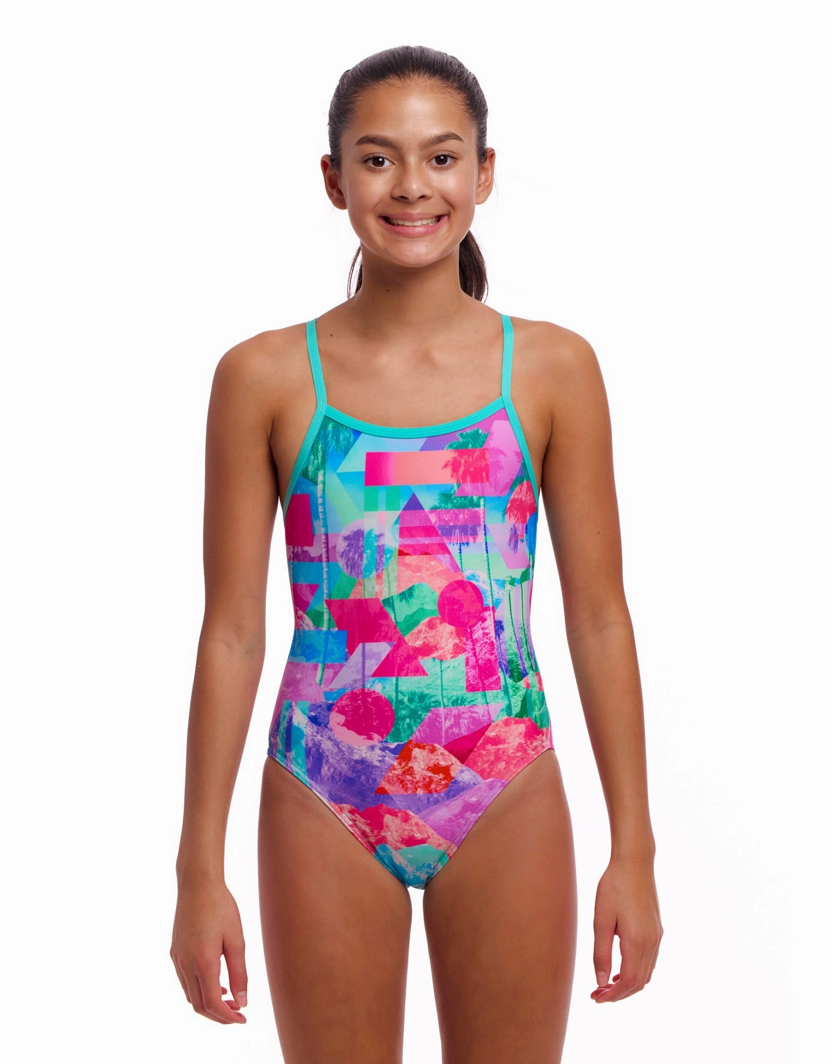 Girls Snap That Single Strap Swimsuit - Mint Green/Pink girls swimwear one piece, girls rash guard swim set