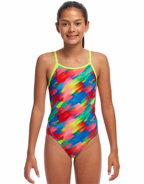 Girls Stroked Diamond Back Swimsuit - Multi girls swimwear one piece, girls rash guard swim set