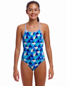 Girls Tetra Tonic Diamond Back Swimsuit - Blue girls swimwear one piece, girls rash guard swim set